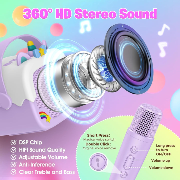 Dislocati Einhorn Karaoke Maschine mit 2 Bluetooth Karaoke Mikrofon, Geschenk Spielzeug für Mädchen