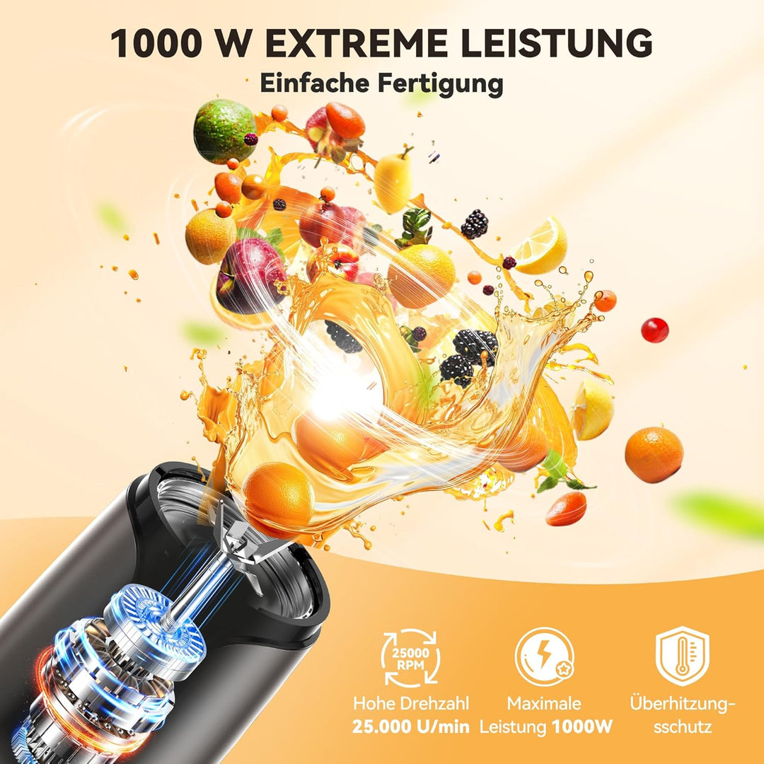 TECKNET 1000W Smoothie Maker, Smoothie Mixer mit 2 BPA-freie Becher (500ml&150ml), Standmixer Klein