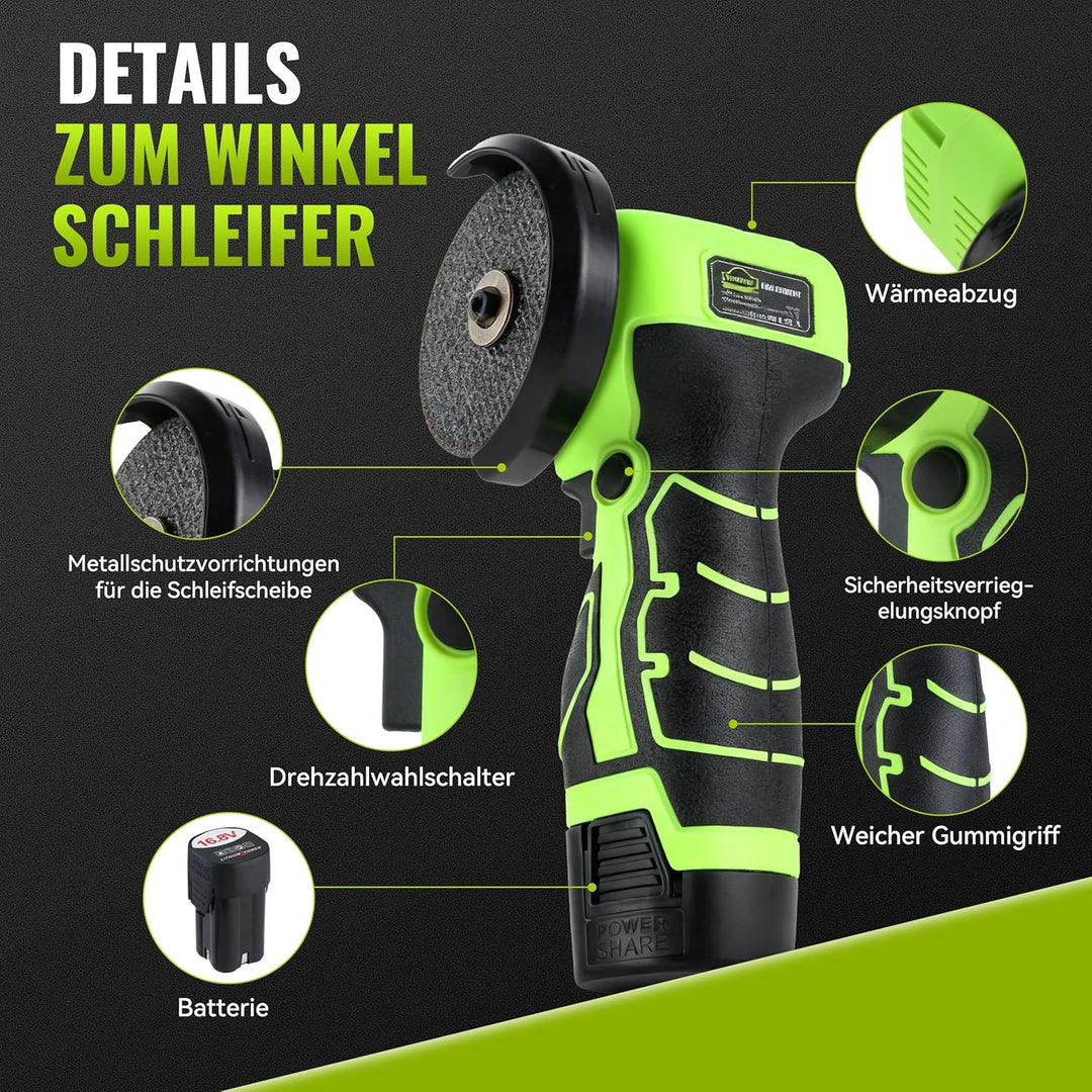 DEWINNER Akku-Winkelschleifer 19 500 U/min - 76mm Schleifscheibe, 2 Akkus 2000mAh, 6 Schneidscheiben