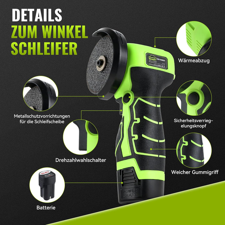 DEWINNER Akku-Winkelschleifer 19 500 U/min - 76mm Schleifscheibe, 2 Akkus 2000mAh, 6 Schneidscheiben