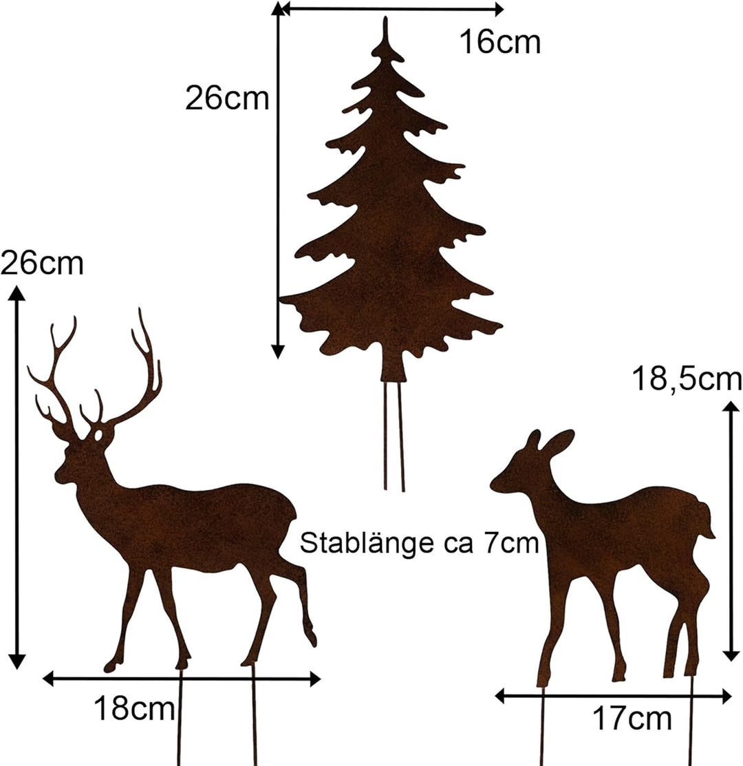 Gartenstecker Deko Rehe und Hirsche mit 2 Tannen in Rostpotik 5er Set - Weihnachtsdeko zum Basteln -
