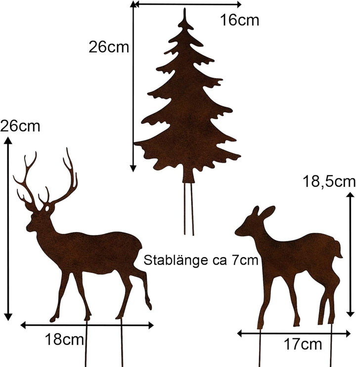 Gartenstecker Deko Rehe und Hirsche mit 2 Tannen in Rostpotik 5er Set - Weihnachtsdeko zum Basteln -