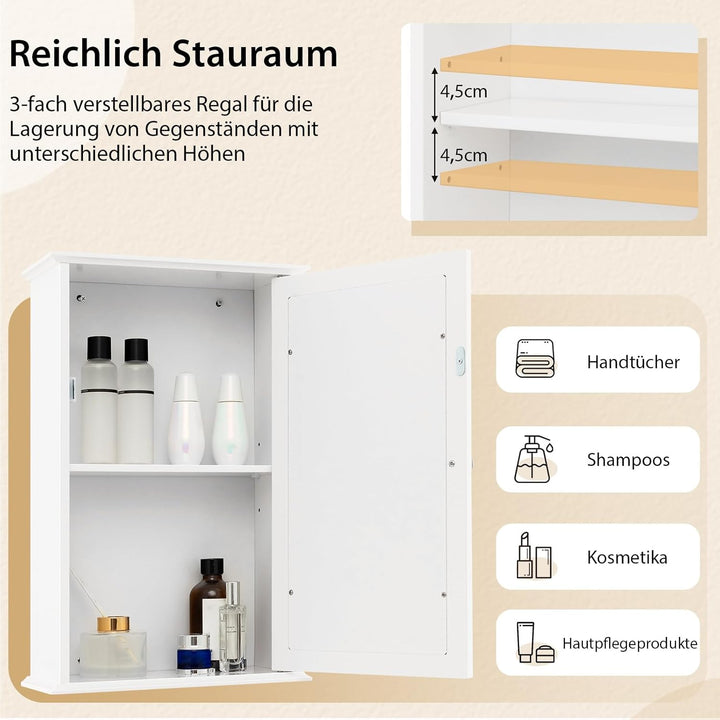 COSTWAY Bad Spiegelschrank, Hängeschrank mit Spiegeltür & Verstellbarer Ablage, Wandschrank Holz, Ba
