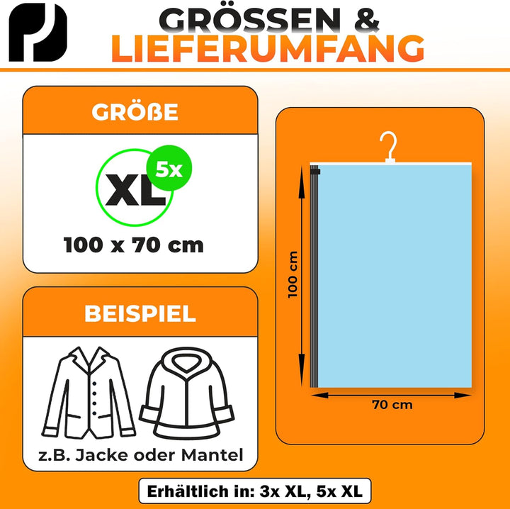 Hängende Vakuumbeutel für Kleidung (mit Haken) I 5 STÜCK I Grösse XL: 100x70cm I Grosse Vakuumierbeu