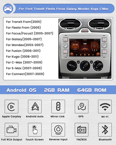 [2G+64G] Hikity Autoradio Navi Für Ford Transit Fiesta Focus Mondeo Kuga Galaxy S-Max Android 13 Wir