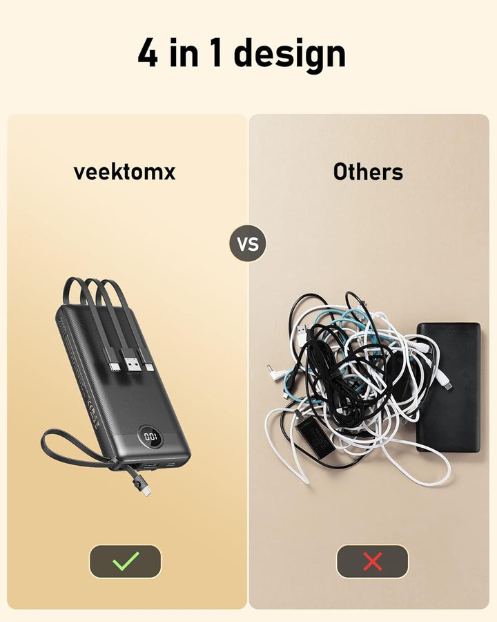 Powerbank 20000mAh Power Bank mit Kabel VEEKTOMX Powerbank USB C Tragbares Ladegerät 5 Ausgängen LED