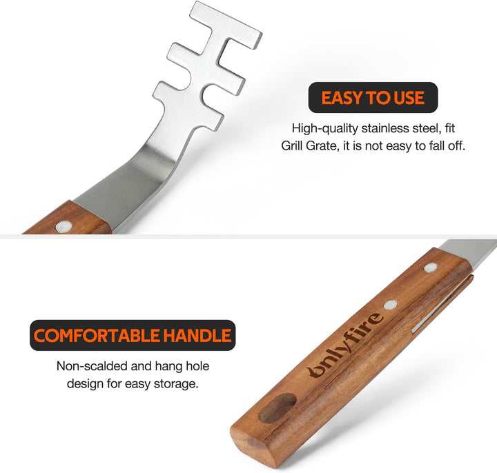 onlyfire Grillrostheber Edelstahl mit Holzgriff, Grillzubehör für Edelstahlroste und Grillrost Gusse
