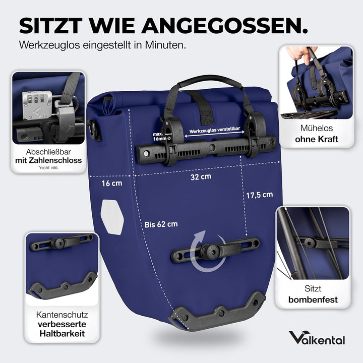 Valkental - Grosse &amp; wasserdichte Gepäckträgertasche - 28L Füllvolumen - Fahrradtasche für Gepäckträ