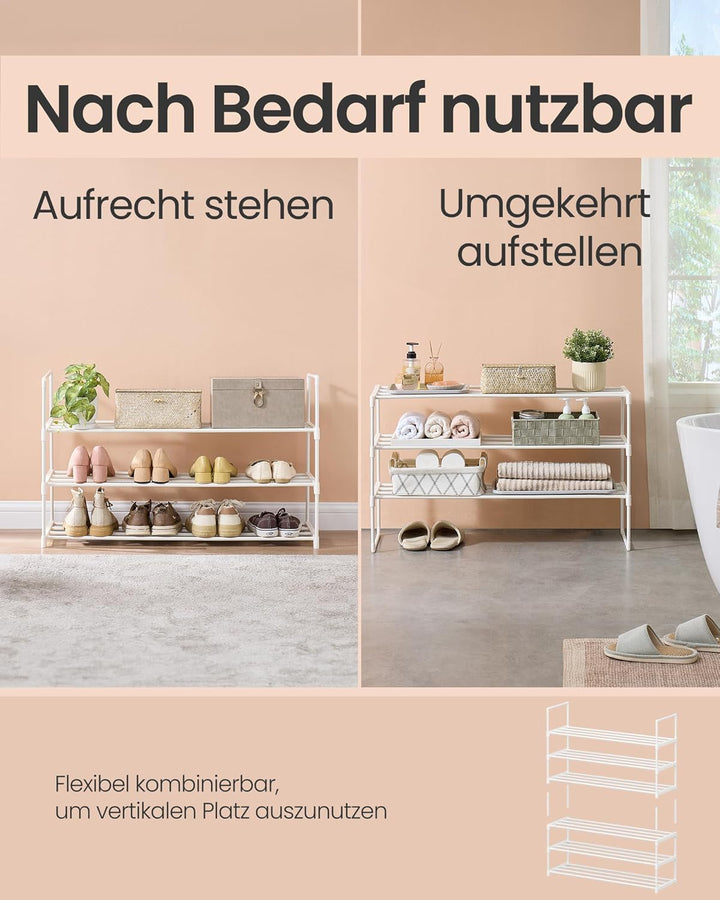 SONGMICS Schuhregal 3 Ebenen, Schuhständer Metall, Schuhaufbewahrung, Schuh-Organizer, aufrecht oder