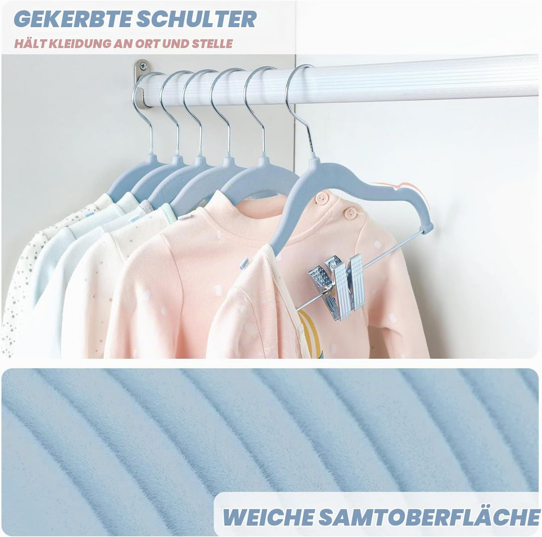 ManGotree 30cm Baby-Samtbügel mit Beweglichen Clips, rutschfeste Kinder-Kleiderbügel, Ultradünne Pla
