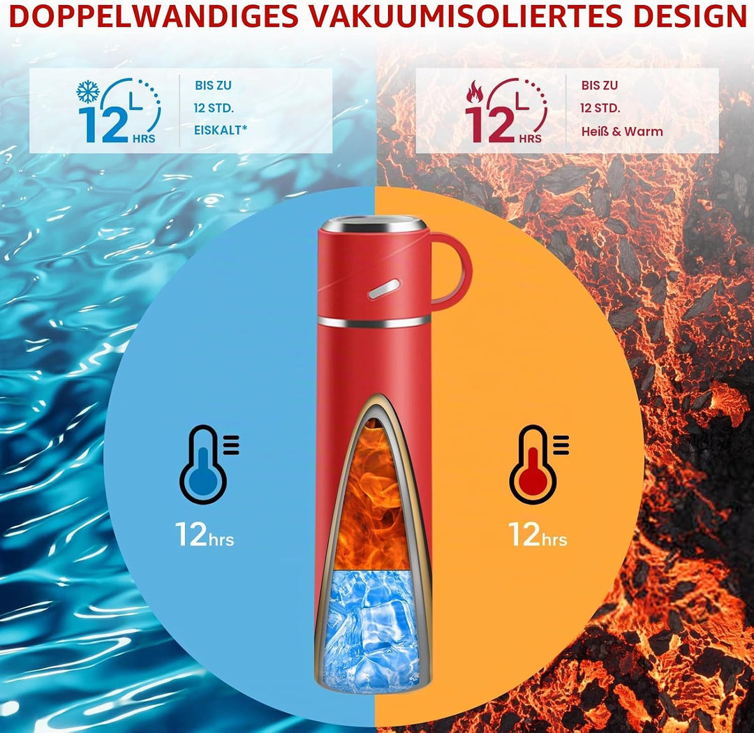 Thermosflasche Edelstahl, Thermoskanne 550ml mit Trinkbecher und Griff, Auslaufsichere Isolierte Tri