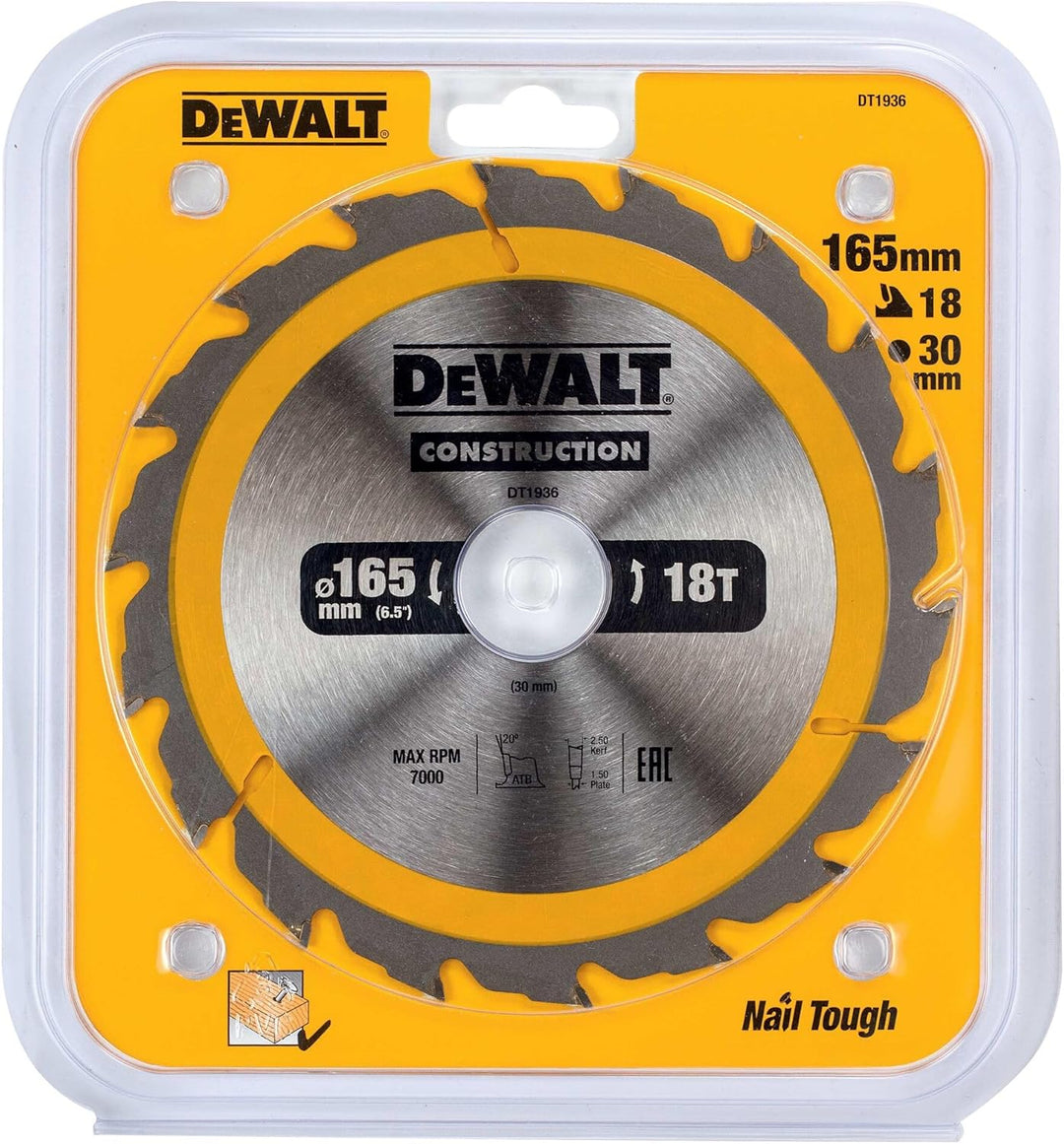 Dewalt Construction Bau-Kreissägeblatt für Handkreissägen DT1936 (165/30, 18WZ, 20°, mit Reduzierrin