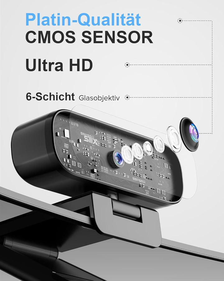 USB Webcam, 4K Full HD Webcam für PC, Videoanrufe, Computerkamera mit klarem Stereo-Audio, automatis