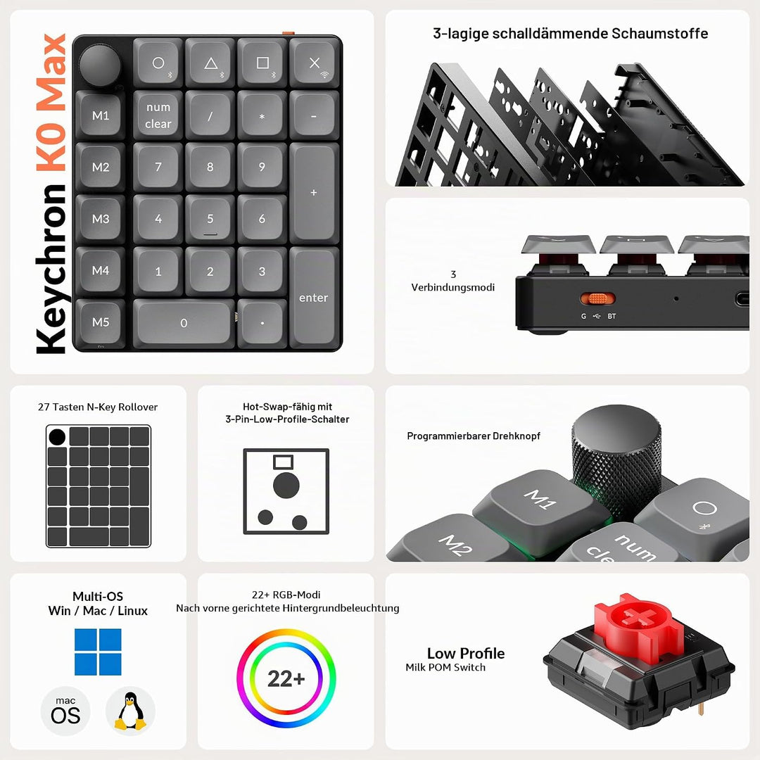 Keychron K0 Max Kabelloser Nummernblock, Low-Profile, programmierbar mit QMK/Launcher, 2,4 GHz &amp; Blu