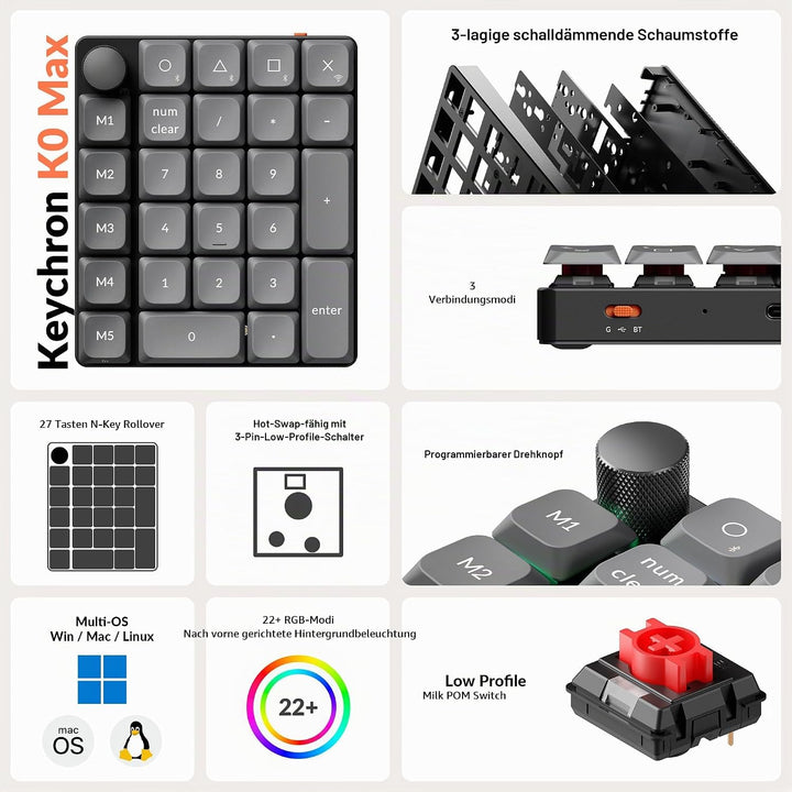 Keychron K0 Max Kabelloser Nummernblock, Low-Profile, programmierbar mit QMK/Launcher, 2,4 GHz &amp; Blu
