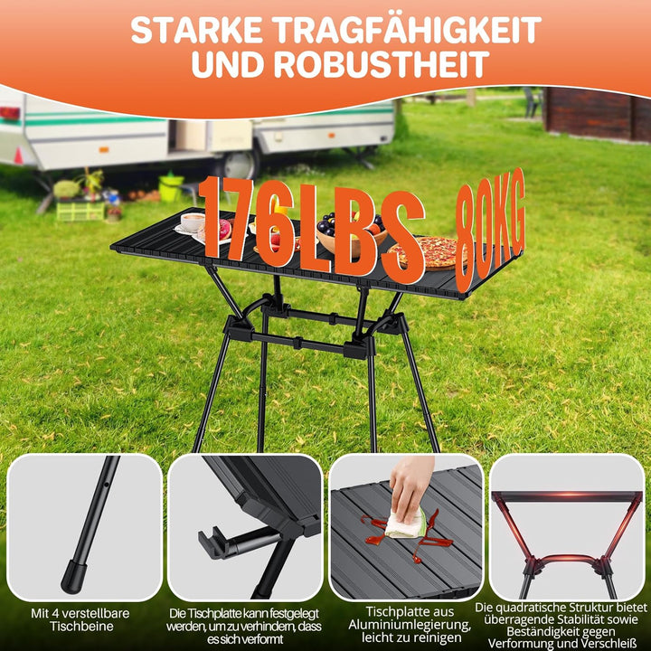 FUNYKICH Campingtisch Klappbar 89 x 40cm,Picniktisch mit 4 Höhenverstellbar, Aluminium Aufrollbare T