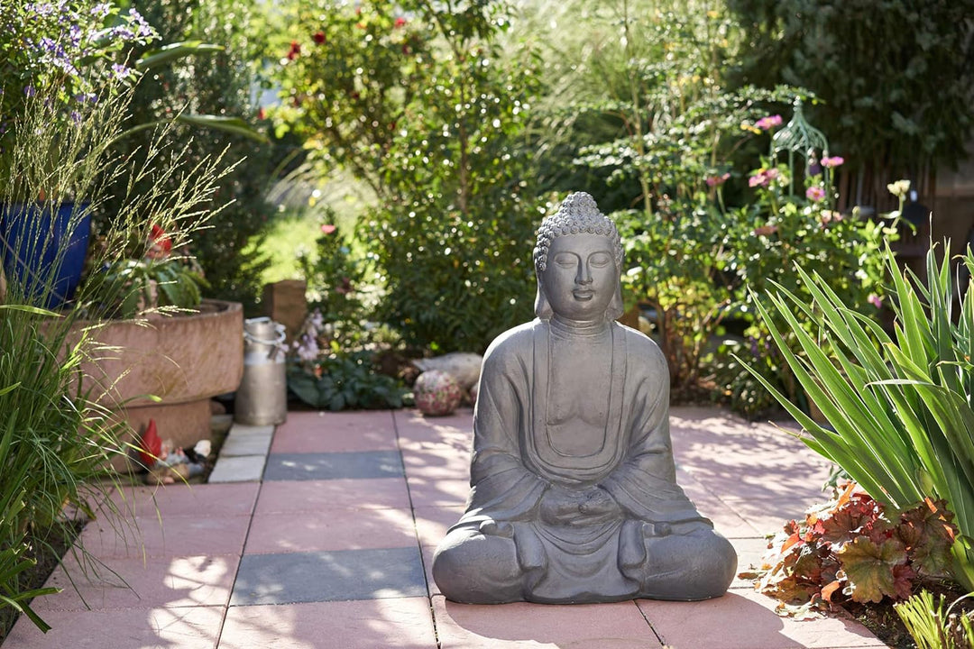 Worldconnection Riesiger XXXL Grosser Buddha 80 cm grau Steinoptik Garten Deko Figur Skulptur Feng S