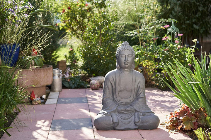Worldconnection Riesiger XXXL Grosser Buddha 80 cm grau Steinoptik Garten Deko Figur Skulptur Feng S