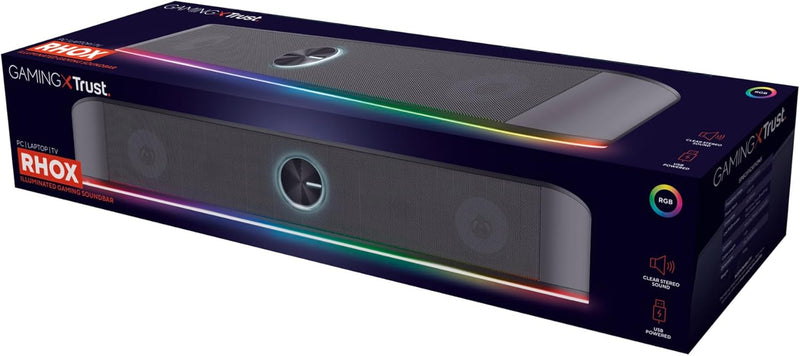 Trust Gaming Stereo Soundbar mit RGB Beleuchtung GXT 1619 Rhox, Computer Boxen 12W, 2.0 Lautsprecher