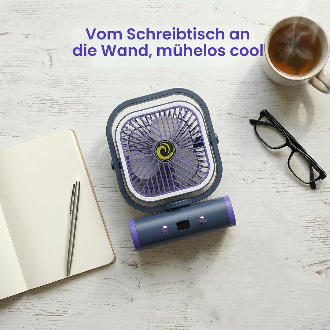 USB Tischventilator Klein 2400mAh, Camping Ventilator, Tischventilator Sehr Leise, Schreibtischventi