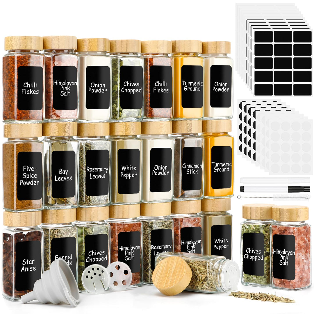 Lannvan Gewürzgläser Eckig, [24x 120ml] Gewürzgläser mit Streueinsatz, Gewürzgläser mit Bambusdeckel