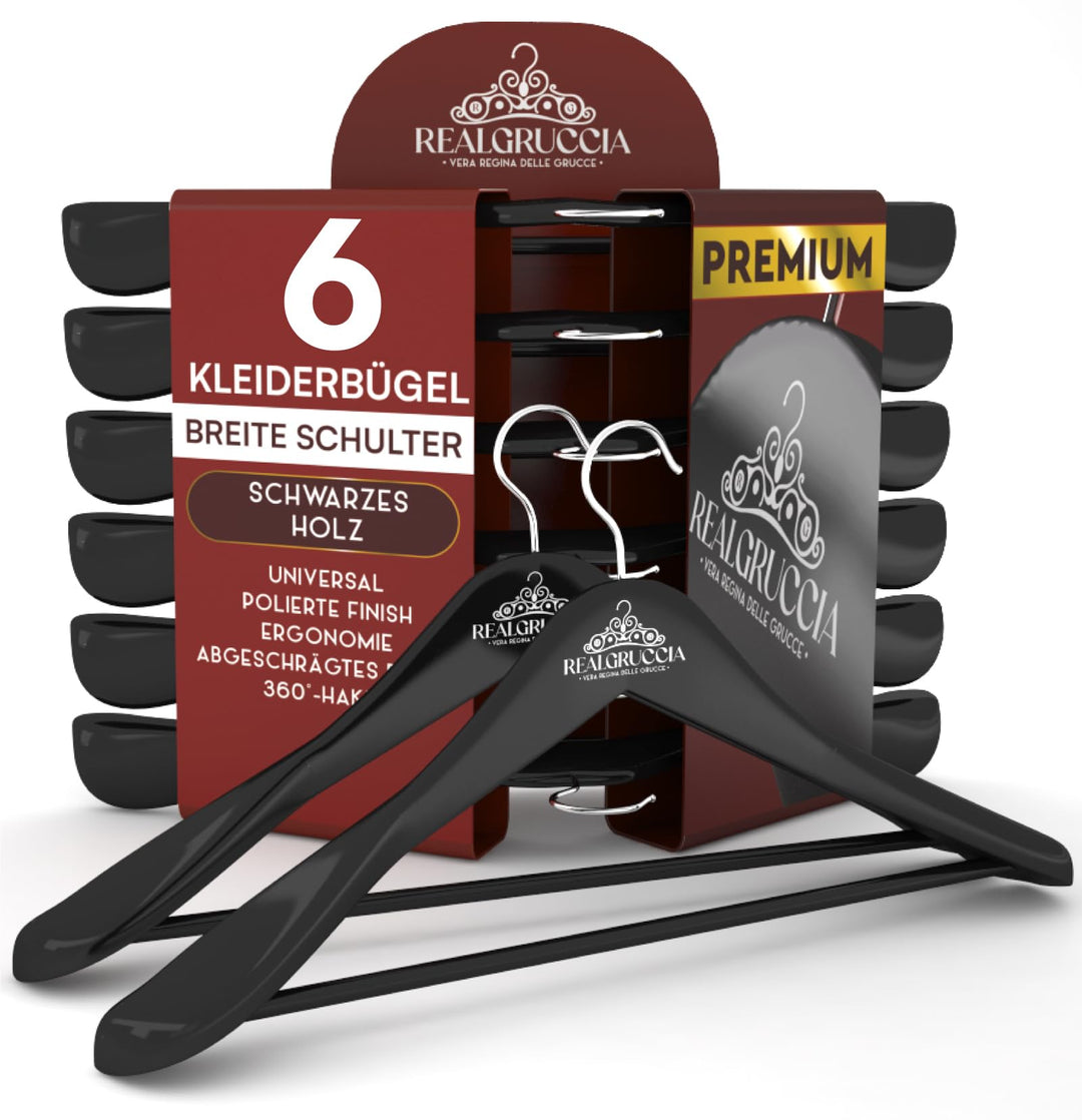 6 Kleiderbügel aus Holz Breite Schulter 24x45cm Farbe Schwarz Holzbügel Hosen und Hemden - RealGrucc