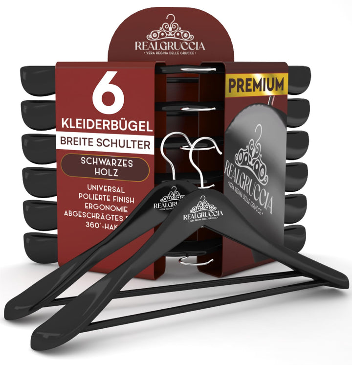 6 Kleiderbügel aus Holz Breite Schulter 24x45cm Farbe Schwarz Holzbügel Hosen und Hemden - RealGrucc