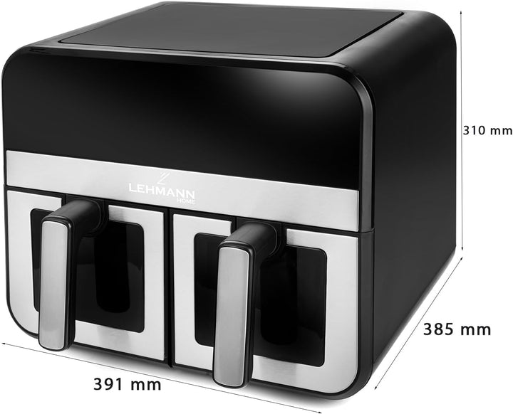 LEHMANN Heissluftfritteuse 2 Kammern XXL mit Sichtfenster, 9L Airfryer Doppelkammer, 2x 4,5L Schubla