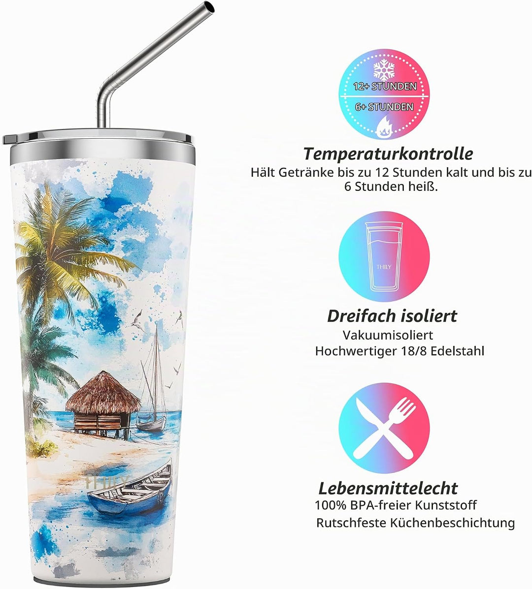 Vakuum-Isolierter Edelstahlbecher - THILY Reisebecher 780 ml Kaffeetasse mit 2 Deckeln und Strohhalm