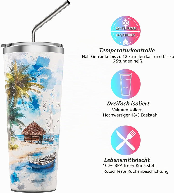 Vakuum-Isolierter Edelstahlbecher - THILY Reisebecher 780 ml Kaffeetasse mit 2 Deckeln und Strohhalm