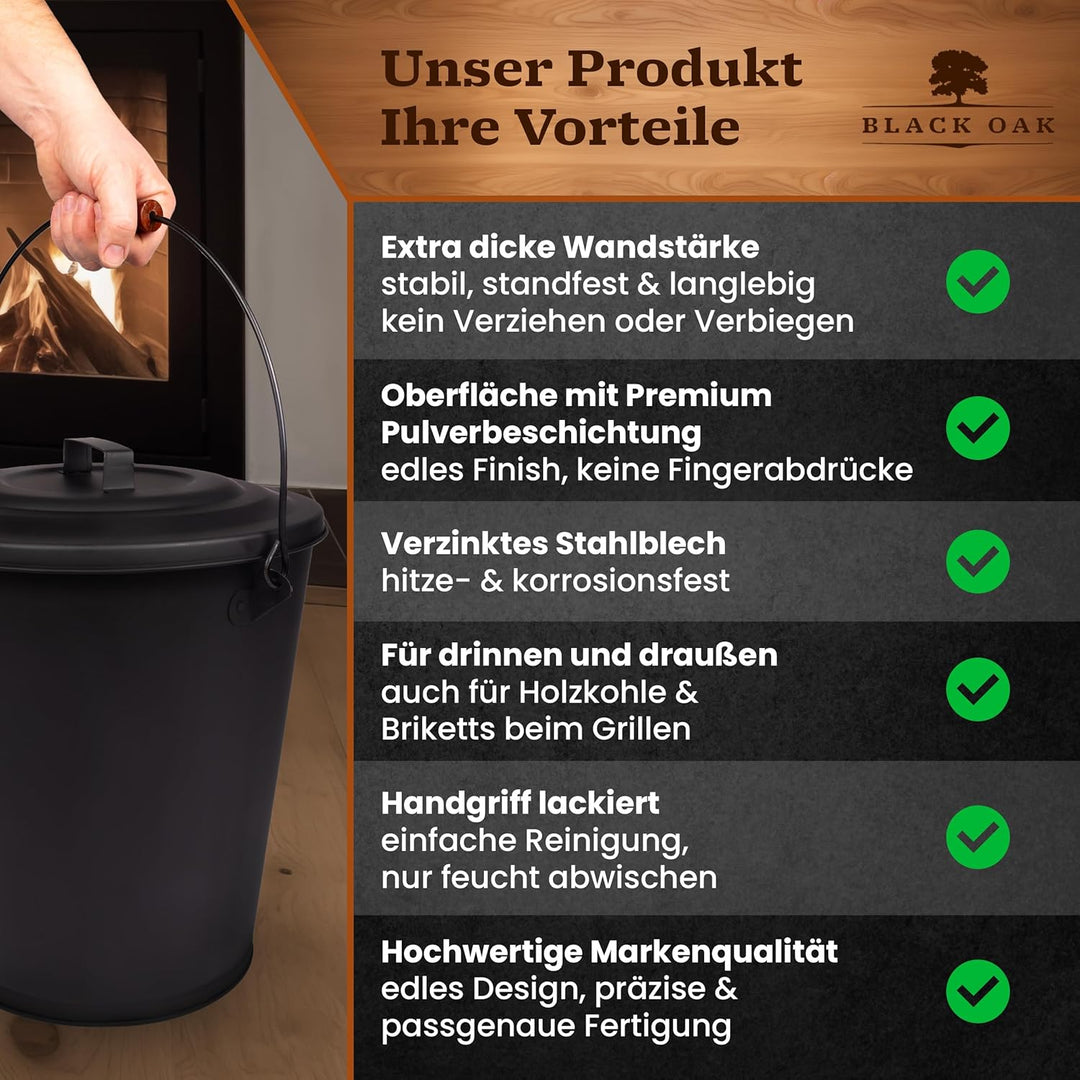 BLACK OAK Ascheeimer Santorini 25L – SET Schaufel & Besen gross 25 Liter schwarz rund mit Deckel Sta