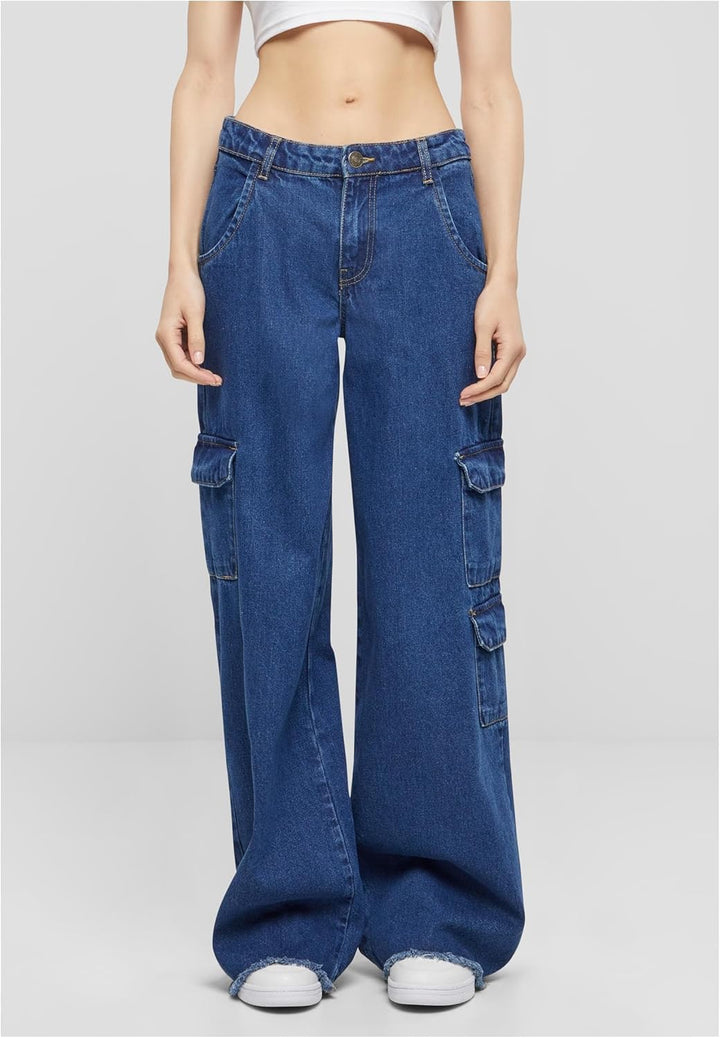 Urban Classics Ladies Mid Waist Cargo Denim Pants Frauen Cargohose schwarz Basics 26 Mid Indigo Wash