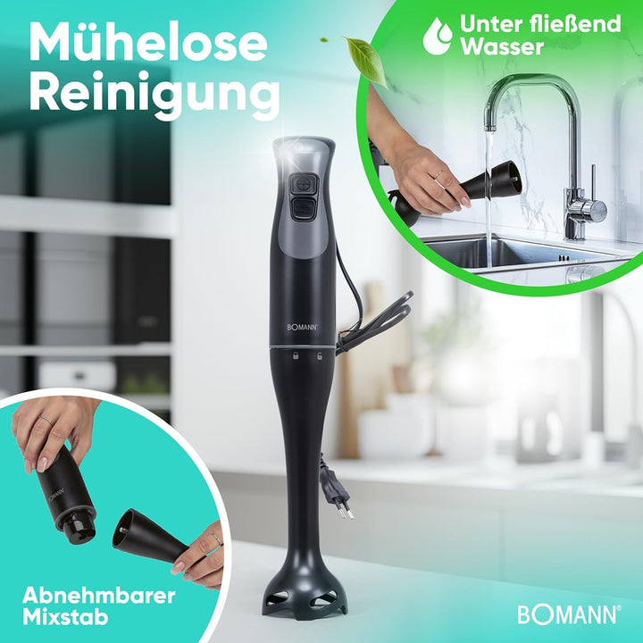 Bomann® Stabmixer für Smoothies Shakes Suppen | Turbo-Funktion | 350W Pürierstab | Edelstahlmesser r