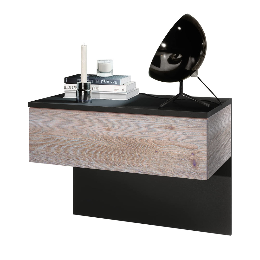Vladon Nachttisch Sleep, Nachttischschrank mit Schublade zur Wandmontage, Schwarz matt/Eiche Nordic