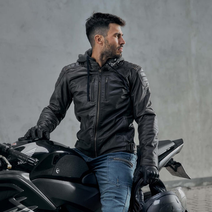 REBELHORN Impala Motorradjacke Herren | Leder | Ellbogen und Schulterprotektoren | Abnehmbare Kapuze