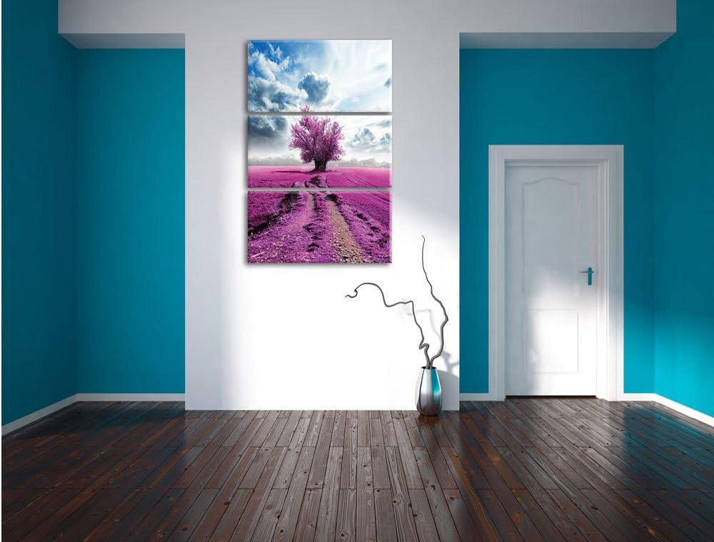 Pixxprint Pinkes Feld mit pinkem Baum 3-Teiler Leinwandbild 120x80 Bild auf Leinwand