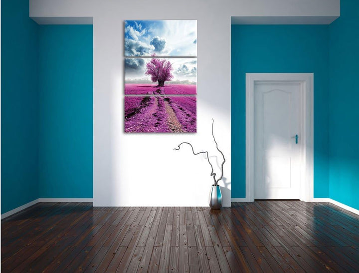 Pixxprint Pinkes Feld mit pinkem Baum 3-Teiler Leinwandbild 120x80 Bild auf Leinwand