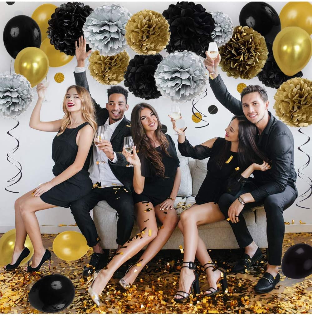 Schwarz Gold Party Deko Set - DIY Pompoms Blumen, Quaste Girlande, Luftballons, Polka Dot Papier Gir