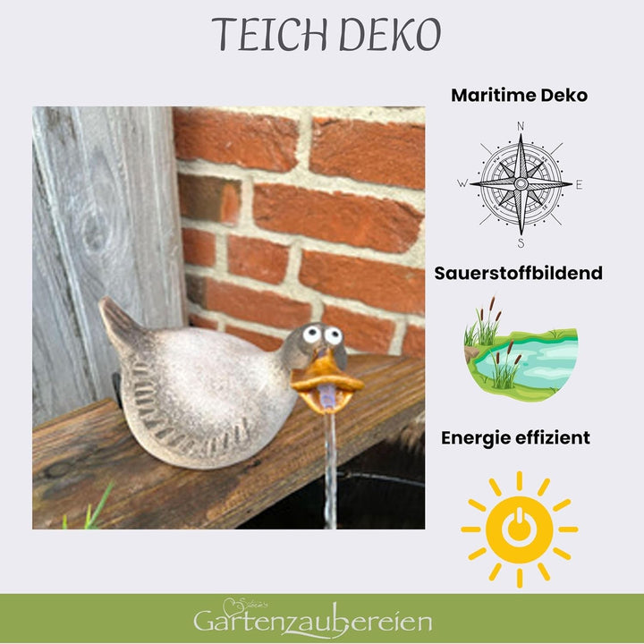 Storm's Gartenzaubereien Solar Wasserspeier Ente - Keramikfigur für Teiche und Miniteiche - 17cm x 1