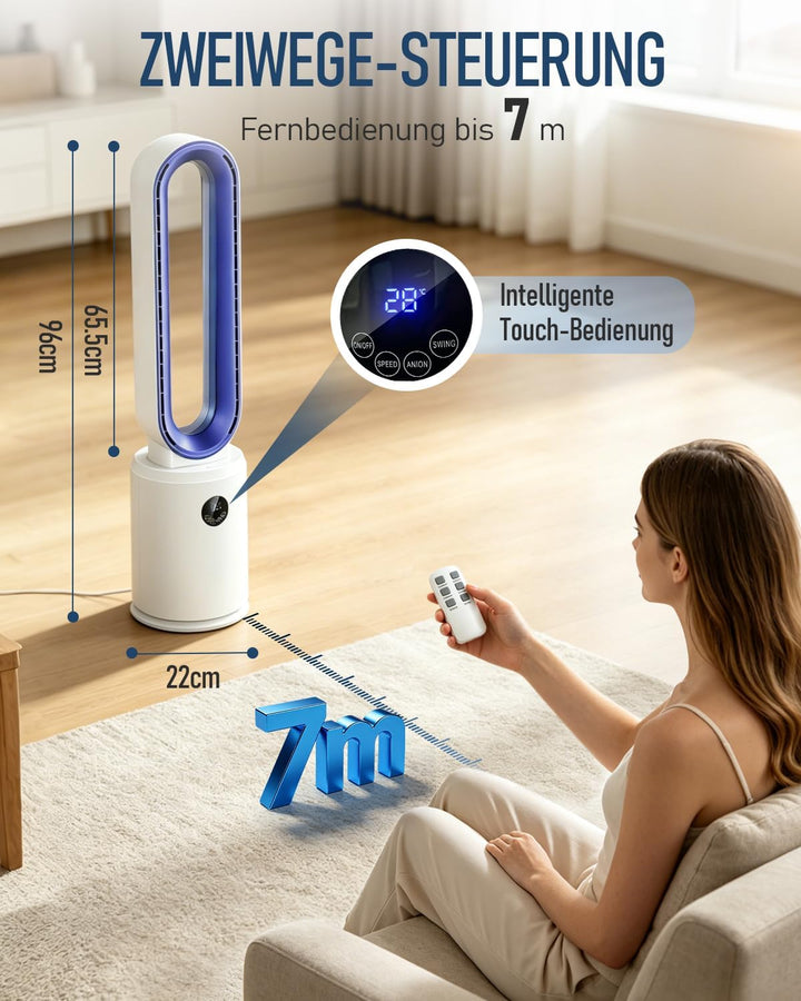 Rotorloser Ventilator, 24 Stufen Leiser Turmventilator Mit Fernbedienung & 12h Timer, Energiesparend