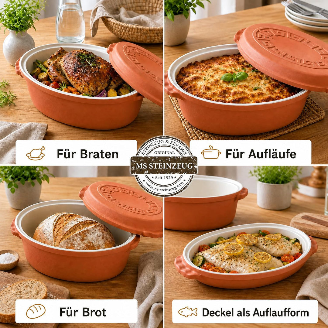 TerraStone Römertopf oval mit Deckel, Tonbräter 33x23cm, Terrakotta Bräter 33 cm, Bräter 33 cm