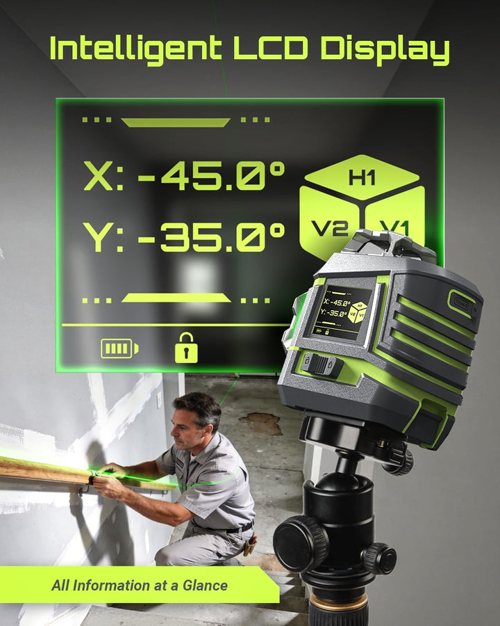 LASGOO 3D-Ultra 12 Linien Selbstnivellierender Kreuzlinienlaser 3x360° mit LCD-Display, Fernbedienun