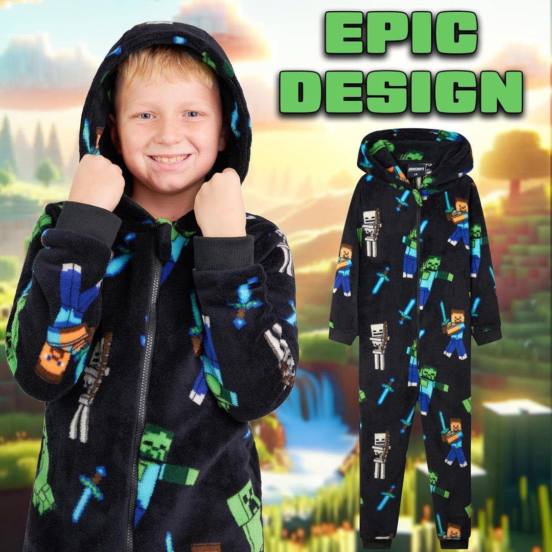 Minecraft Fleece Jumpsuit Kinder Jungen Schlafoverall mit Kapuze, Gamer Geschenke für Kinder Teenage