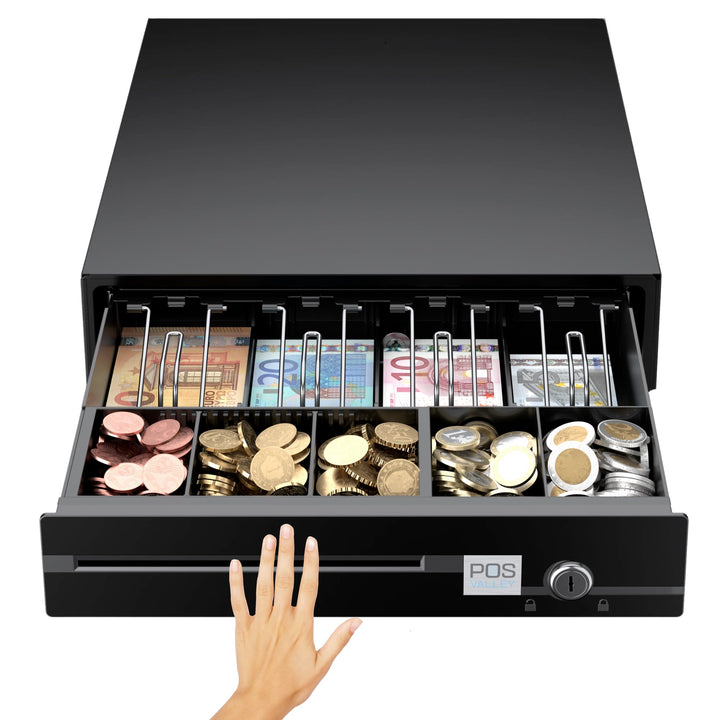 Kassenschublade Push - Druckknopf Öffnung, mit 5 Münzfach und 4 Scheinfächer (euro), Abschliessbar -