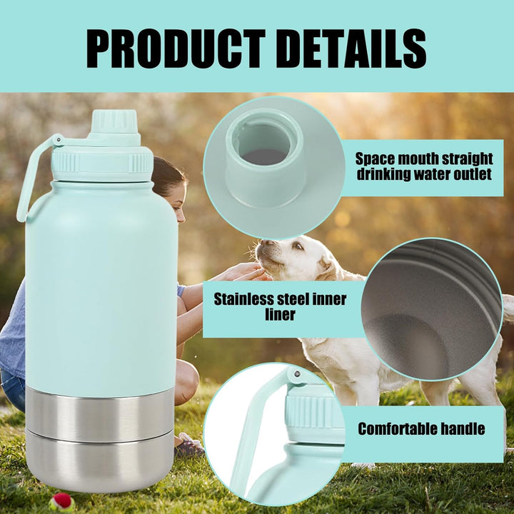 950ML 3 in 1 Hundetrinkflasche für unterwegs, Isolierte Edelstahl Trinkflasche Hunde für unterwegs m