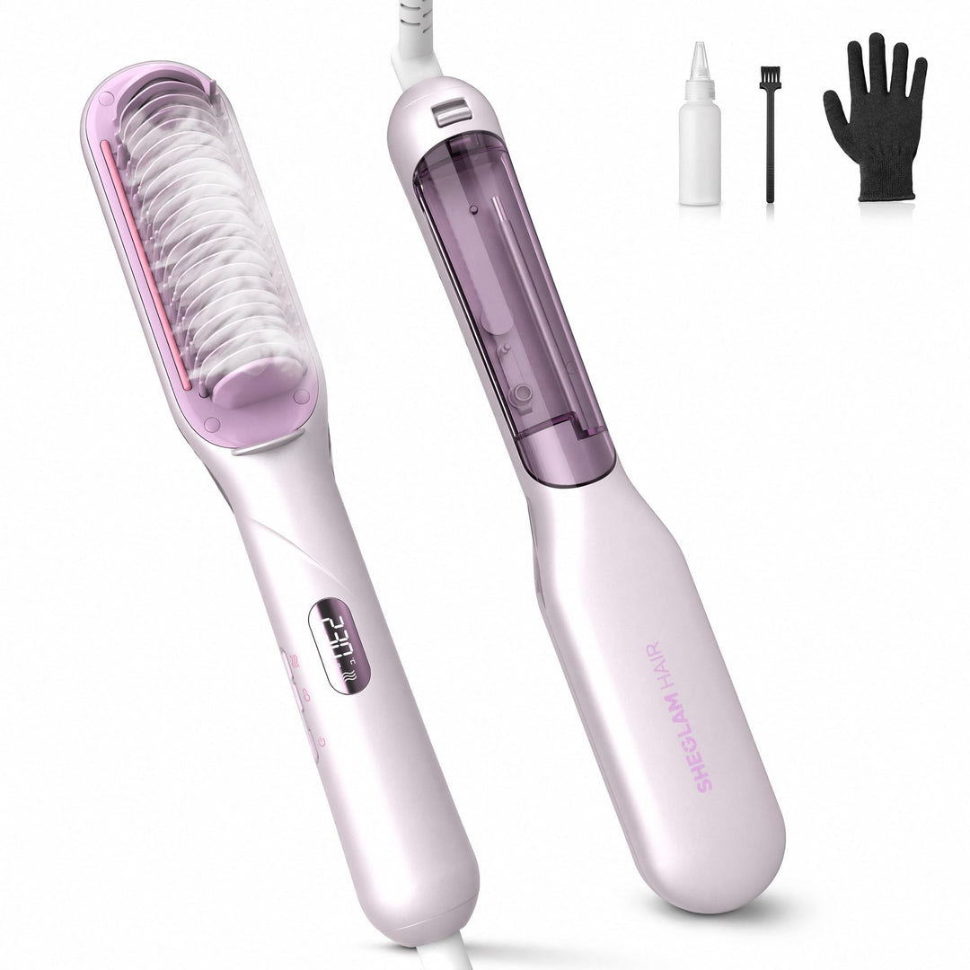 SHEGLAM Dampf-Glättbürste, 3-in-1 Dampf-Heizkamm | Verbrühungssicherer Nano-Dampf, 3 Einstellbare Da