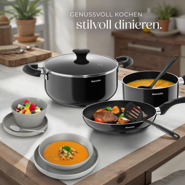 tectake® Küchenstarterset 6 Personen, Steingut Geschirr Set, Teller, 4 Töpfe 2 Pfannen rostfreies Al