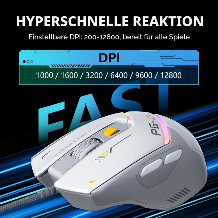 inphic PG1 Gaming Maus mit Kabel, 12800 DPI Hochpräzise, 6 programmierbare Tasten, atmungsaktive RGB