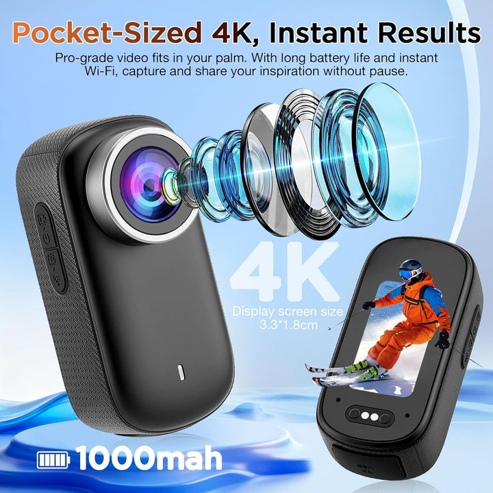 4K Action Kamera Mini Bodycam mit 180° Drehbarem Bildschirm, Magnetische Freihändig POV Kamera mit 6