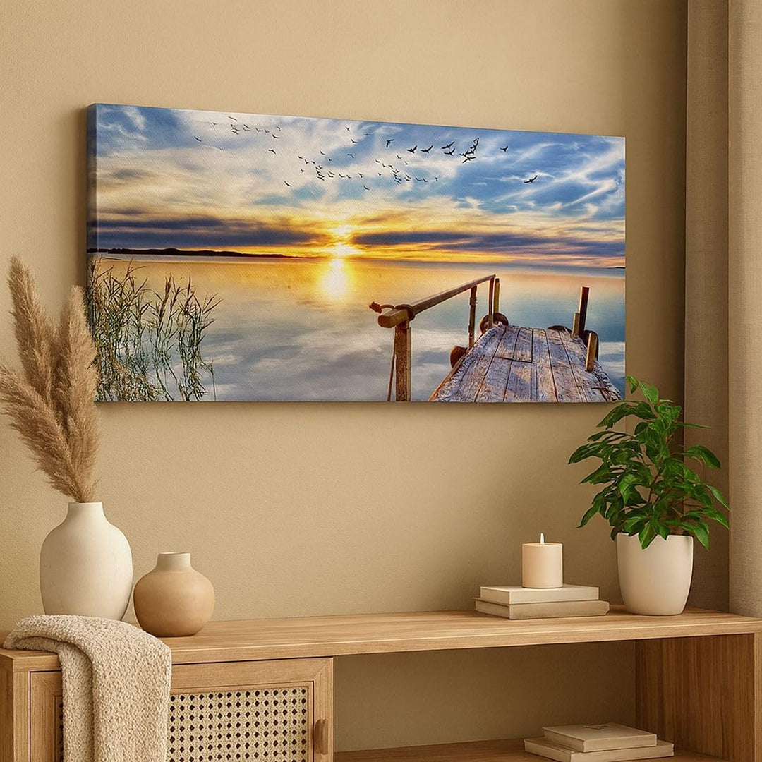 Wandbilder Dekoration Wohnzimmer See Brücke Panorama Bilder auf Leinwand 120x50cm Leinwandbild mit R